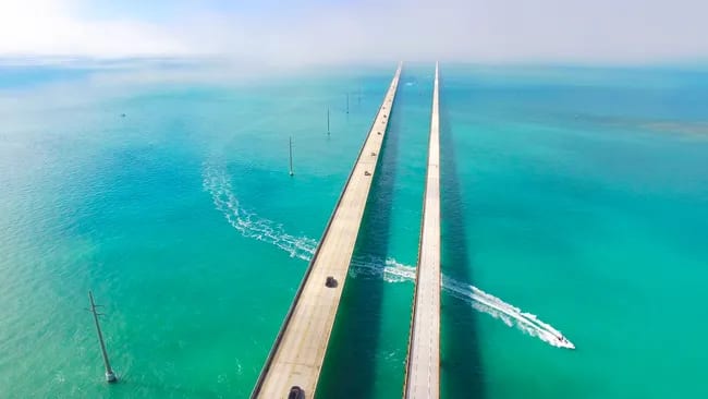 Aerial view of Overseas Highway crossing turquoise Florida Keys water
