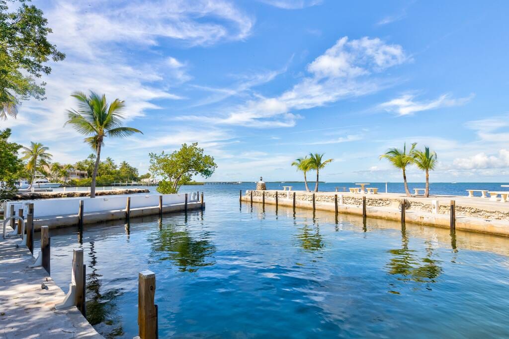 Private boat basin and fishing jetty at an Islamorada home